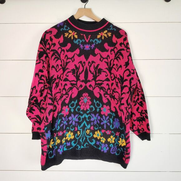 Vtg 80s 90s Floral Acrylic Grandma Colorful Bright Retro Sweater USA 22W 2x 3x - Picture 1 of 6